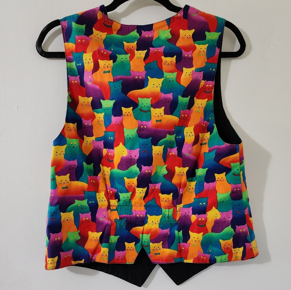 Vintage Retro Rainbow Cat Button Front Cotton Print Novelty Vest M - Picture 4 of 6